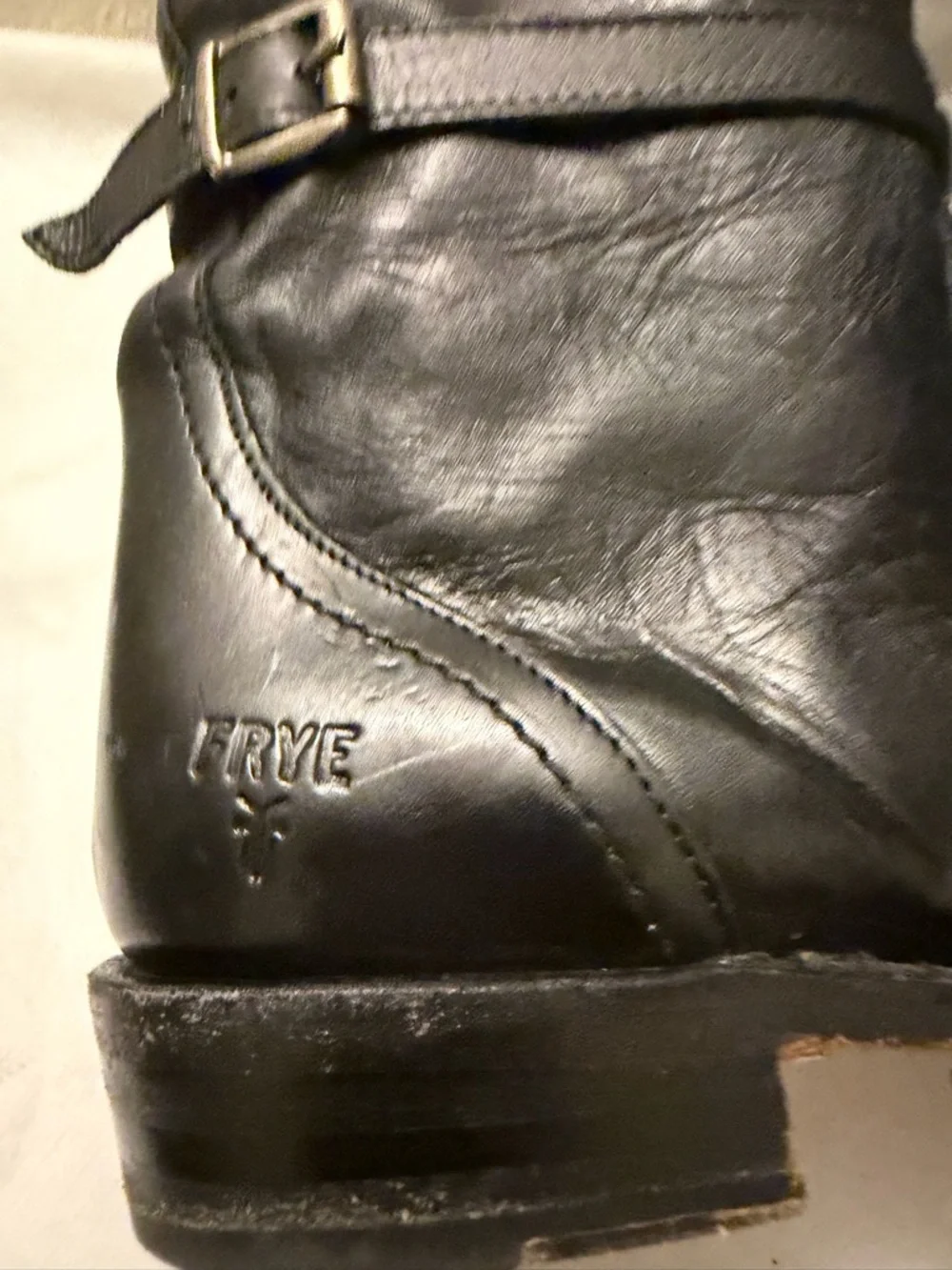 Frye black long Leather women boot, sz 7, pre-owned